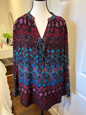 Nygard Collection Boho Tunic Blouse 3X Tie Neck Plus Size